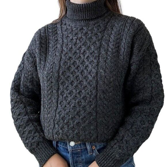 Vintage Carraig Donn Womens Gray 100% Wool Irish Fisherman Turtleneck Sweater M - Picture 2 of 10